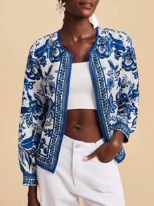 Travachic Blue And White Woven Fabric Long Sleeve Coat With Pattern And Regular Hem Blue And White Floral Jacket Printed Jacket Floral Print Cardigan Casual Jacket Women Fall Outfits Women Winter Clothes For Women - Blue and White - View 1