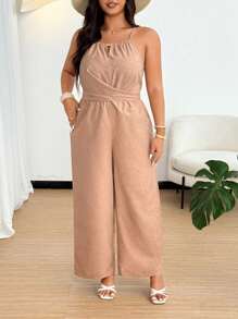 SHEIN PETITE Bộ đồ liền thân ống rộng màu trơn cạp chéo cỡ lớn dành cho nữ - Màu Khaki - Xem 5