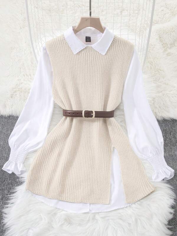 INAWLY 2pcs/Set Spring Lantern Sleeve White Blouse & Loose Fitting Open Front Cardigan For Women