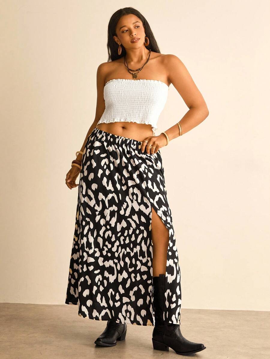 SHEIN VCAY 大码女式夏季度假豹纹开叉裙波西米亚风裙子休闲乡村风女装西部风女装 - 黑與白 - 查看 1