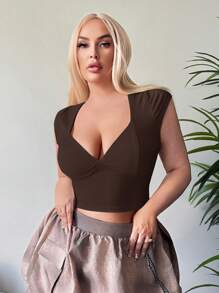 SHEIN SXY Plus Size Women's Basic Solid Color Deep V Neck Sexy Slim Fit Short Tee Shirt, Suitable For Everyday Wear, Western Wear, Cruise Attire, Music Festival, Concert, Carnival Party, Beach Vacation, Date Night, Birthday, Bachelorette Party, Club, Cute, Casual, Shopping, Streetwear, Going Out, Easy To Match & Looks Slim, Accent Your Body, Flatter The Figure, Brown Top, Cleavage Top, Chocolate Brown Top,Going Out Tops