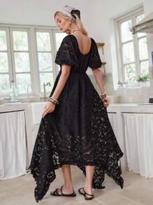 LanaWest Women's Casual Square Neck Drawstring Lantern Sleeve Sheer Asymmetrical Hem Dress - Black - View 2