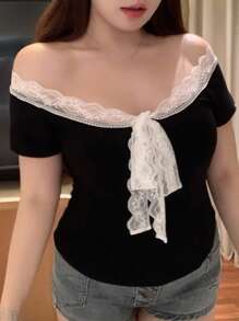 Dazy Plus Lace Panel Off Shoulder Fitted Short Sleeve Sexy T-Shirt Easter - Black - View 3