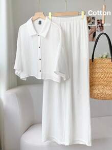 Comfortcana 大码女式白色亚麻衬衫长裤套装，适合度假、外出和日常穿着，秋季款 - 白色 - 查看 1
