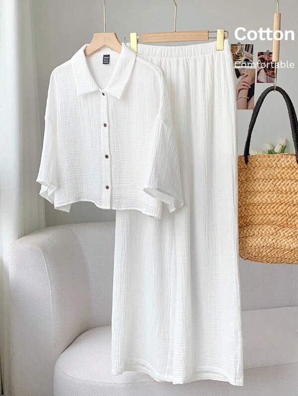 Comfortcana Women's Fall White Linen Shirt And Pants Set,Suitable For Vacation, Suitable For Going Out, Suitable For Daily Wear
