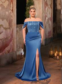 Glamrae Plus Size Elegant & Romantic Off-Shoulder Purple Gown With Rhinestone Accents, Fish Tail Hem And Train, Suitable For Weddings, Graduations, Celebrations, Formal Evenings