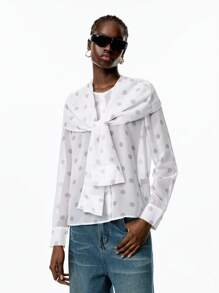 LYSMO 女士圆点印花长袖休闲T恤，采用青果领设计 - 黑與白 - 查看 4