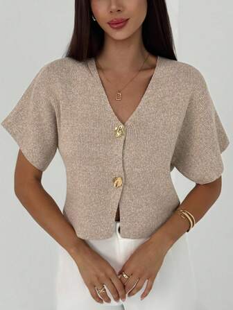 Aloruh New Minimalist Fashionable Office Commute Deep V-Neck Short Sleeve Slim Fit Buttoned Cardigan, Versatile Casual,Knitted Sweater