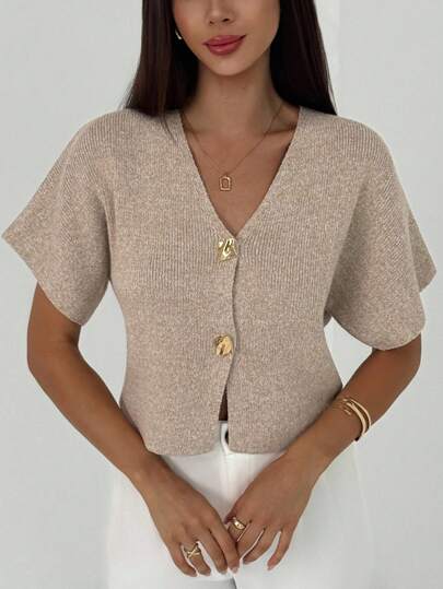 Aloruh New Minimalist Fashionable Office Commute Deep V-Neck Short Sleeve Slim Fit Buttoned Cardigan, Versatile Casual,Knitted Sweater In Fall/Winter