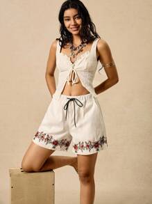 Easelle Damen Denim Shorts mit lockerer Passform, Blumenstickerei und Tunnelzug Taille - Aprikosenfarben - Übersicht 1