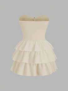 Sweetra Black Starfish & Pentagram Metal Decor Hollow-Out Backless Ruched Ruffle Hem Splicing Mini Dress, Minimalist Sweet Elegant Vacation Style, Women Spring & Summer - Apricot - View 2