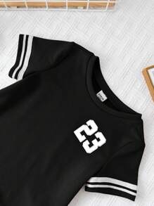 SHEIN 2pcs/Set Baby Boys Black Summer Casual Vacation Sports Style Short Sleeve T-Shirt And Drawstring Long Pants Set,Comfortable Spring & Summer Outfits - Black - View 7