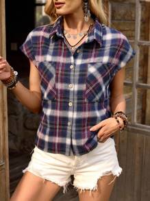 LanaWest 女式休闲西部复古紫色格子短袖纽扣装饰双口袋衬衫，春夏 - 紫色 - 查看 6