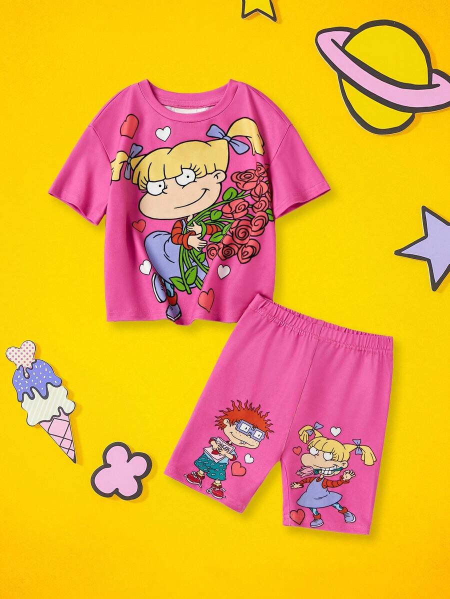 Nick 90s | SHEIN 女宝宝卡通图案可爱甜美粉色短袖T恤 - 粉色 - 查看 1
