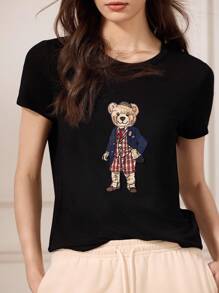 Briarwyn 夏季休闲简约小熊印花短袖T恤，返校季可爱教师图案刺绣T恤 - 黑色 - 查看 8