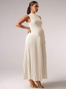 MaterniChic 孕妇纯色褶边无袖休闲连衣裙婴儿洗礼夏季服装孕妇装 - 杏色 - 查看 4