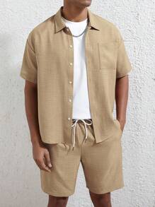 Manfinity Homme 男士纯色短袖单排扣衬衫和短裤套装 - 杏色 - 查看 5