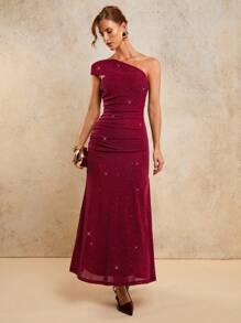 COSMINA 女士闪亮优雅褶皱单肩长裙，演唱会服装，约会之夜造型，夜间外出风格，婚礼宾客礼服，生日派对礼服 - 酒紅色 - 查看 3