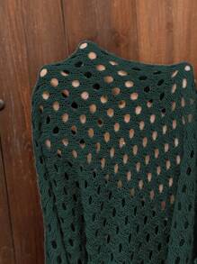 EMERY ROSE 休闲宽松圆领蝙蝠袖镂空针织杏色女毛衣上衣，春秋季 - 墨綠色 - 查看 4