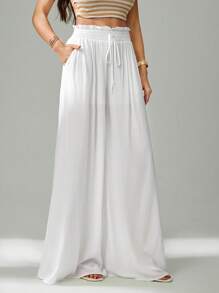 SHEIN Tall Women's Solid Color Drawstring Waist Loose Fit Summer Casual Pants - White - View 5