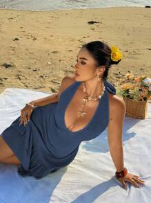 Flirla 大码女式纯色时尚露背性感深 V 领长裙