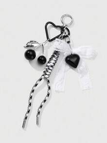 ROMWE Kawaii 1pc Delicate Gothic Style Black Resin Cherry, White Mesh Bow Braided Cord Acrylic Heart DIY Keychain, Phone Charm, Bag Decor, Suitable For Women, Girls, Daily Wear Or Gifts