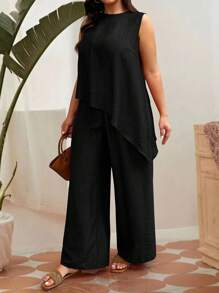 DreamSkyne Ensemble décontracté 2 pièces femme grande taille, top sans manches à ourlet asymétrique unicolore et pantalon - Noir - Voir 5