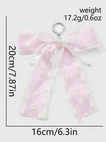 ROMWE Kawaii 1pc INS Korean Style Delicate & Sweet Versatile Minimalist High-End Handmade Beaded White Faux Pearl Net Lace Embroidered Heart-Shaped Pink Ribbon Bow DIY Keychain Bag Charm, Suitable For Women, Daily Wear, Holiday Gift - Pink - View 4