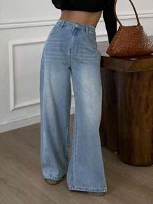 Livesso Women's Casual High Waist Wide Leg Washed Denim Jeans