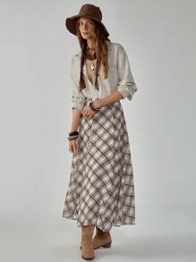 Florisole 女式复古蕾丝拼布休闲衬衫，适合秋季上学、办公室和日常穿着 - 卡其色 - 查看 4