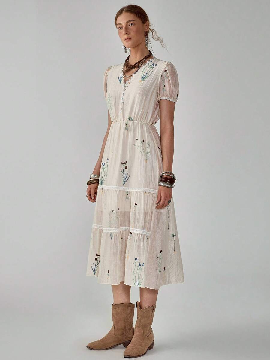 Florisole Váy thắt eo thêu thanh lịch mùa hè cho nữ - Màu be - Xem 1