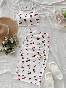 Soleia 2pcs/Set Women's Summer Casual Cherry Print Sleeveless Crop Top And Side Drawstring Slit Skirt Set Clothes Two Piece Outfit Suitable For - White - View 5