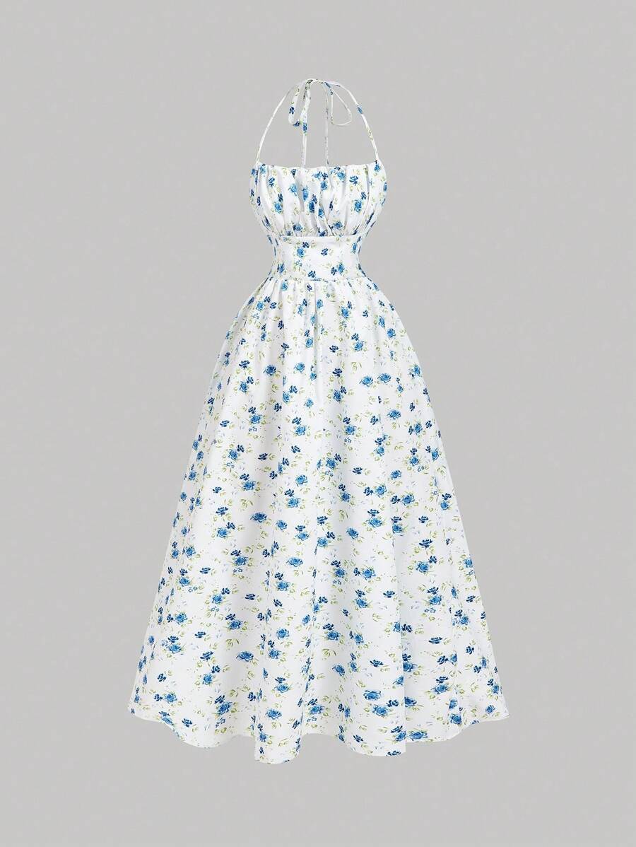 SHEIN MOD 黄色花卉印花露背长裙，蝴蝶结开合 - 非常适合海岛度假、派对、约会、生日庆祝、下午茶和节日 - 藍色 - 查看 1