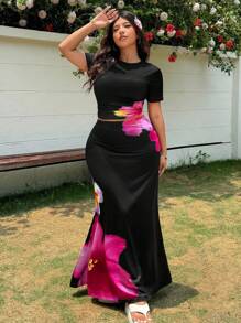 GalTyme 大码女式两件套花卉图案度假风格服装 - 黑色 - 查看 3