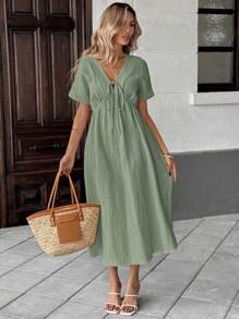 SHEIN LUNE Robe mi-longue à manches courtes casual avec nœud, couleur abricot, pour femmes