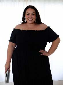 Pretty and Ole 优雅通勤复古简约休闲百搭女士时尚热卖品，荷叶边面料，蝴蝶结装饰，松紧腰身，喇叭下摆设计黑色大码连衣裙，适合春季、夏季、秋季 - 黑色 - 查看 1