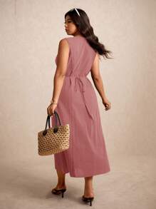 Elaquor Đầm mùa hè không tay cổ vuông màu trơn cỡ lớn đa năng dây rộng - Bụi hồng - Xem 2