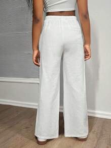 SHEIN Tween Girl Casual Plain Straight Leg Woven Pants Fall Winter - White - View 2