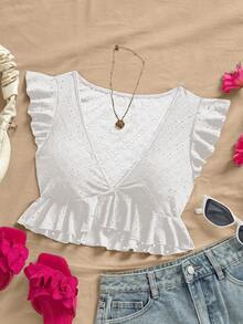 Soleia WYWH Women Vacation Eyelet Embroidery Ruffle Trim Crop White Top Top - White - View 7