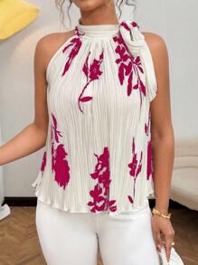 Flirla New Bowknot Spaghetti Strap Sleeveless Printed Pleated Shirt