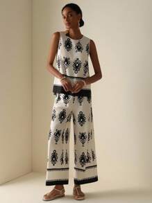 Vesra 2-Pc Set: Sleeveless Printed Top & Elastic Waist Loose Pants, Summer Fashion Boho Two Piece Set - Multicolor - View 5