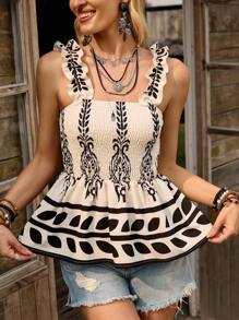 LanaWest Áo ba lỗ họa tiết boho màu be giản dị dành cho nữ, có họa tiết hoa đen phía trước, thiết kế xếp ly, viền bèo nhún, mùa xuân/hè - Màu be - Xem 6