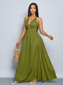 SOLERSUN Vestido Longo Mulher Cor Sólida Decote em V Halter Férias Praia Amarrações Cruzadas Costas Abertas Vestido de Férias Roupas de Praia - Verde Militar - Visão 4