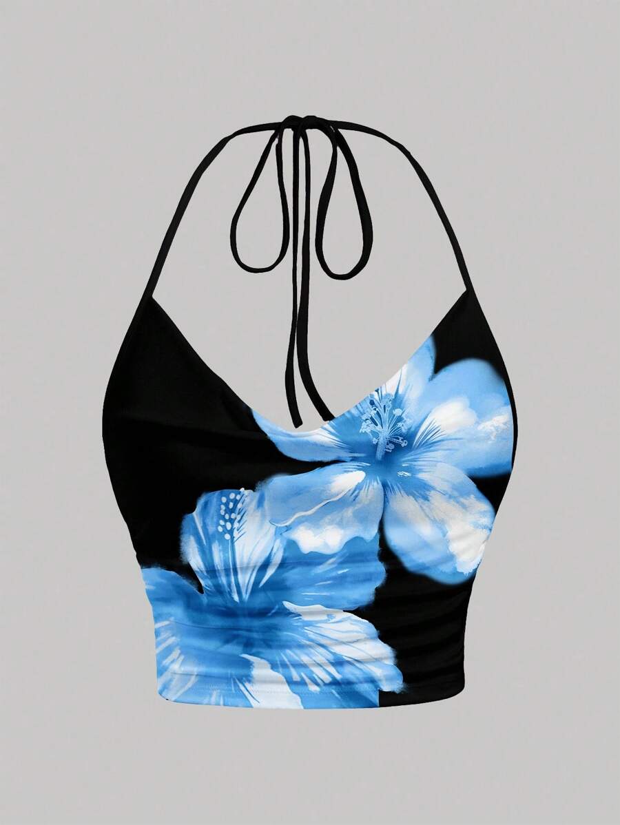 SHEIN EZwear Casual Minimalist Floral Print Halter Tie Front Crop Top, Versatile For Summer Floral Crop Top Suitable For Going Out - Multicolor - View 1
