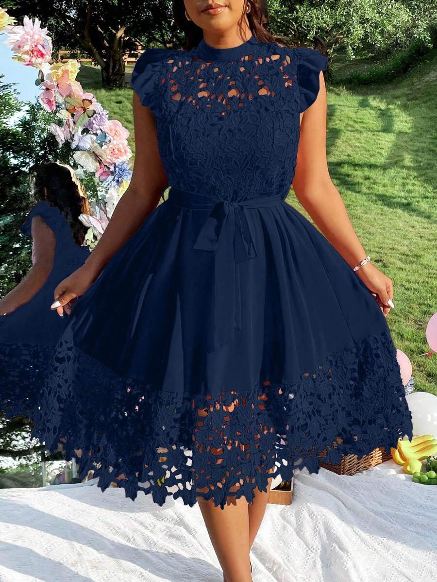 Rometta Vestido elegante de mujer con cuello mao, silueta evasé y mangas de vuelo, con parches de encaje, cinturón en la cintura, en estilo chic francés - Azul Marino - Ver 1