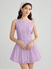 Enchnt Women Laser Cut Embroidery Button Decorated Ruffle Hem Sleeveless Dress - Mauve Purple - View 3
