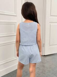 SHEIN Ensemble top à nœud et short pour jeunes filles, style décontracté minimaliste et confortable, col rond, sans manches
