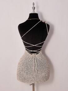 SHEIN ICON Váy mini co giãn buộc lưng một bên vai họa tiết hoa móc - Màu vàng - Xem 2