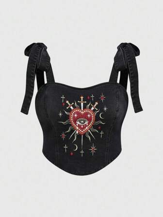 Goth Gothic Palace Style Women's Plus Size Black Halter Top With Heart, Gemstone, Rhinestones & Crystal Teardrop Decor