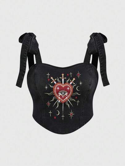 Gothic Queen Halloween Lace-Up Corset Top, Plus Size Women Goth Aesthetic Heart Crystal Teardrop Star Decor Square Neck Camisole